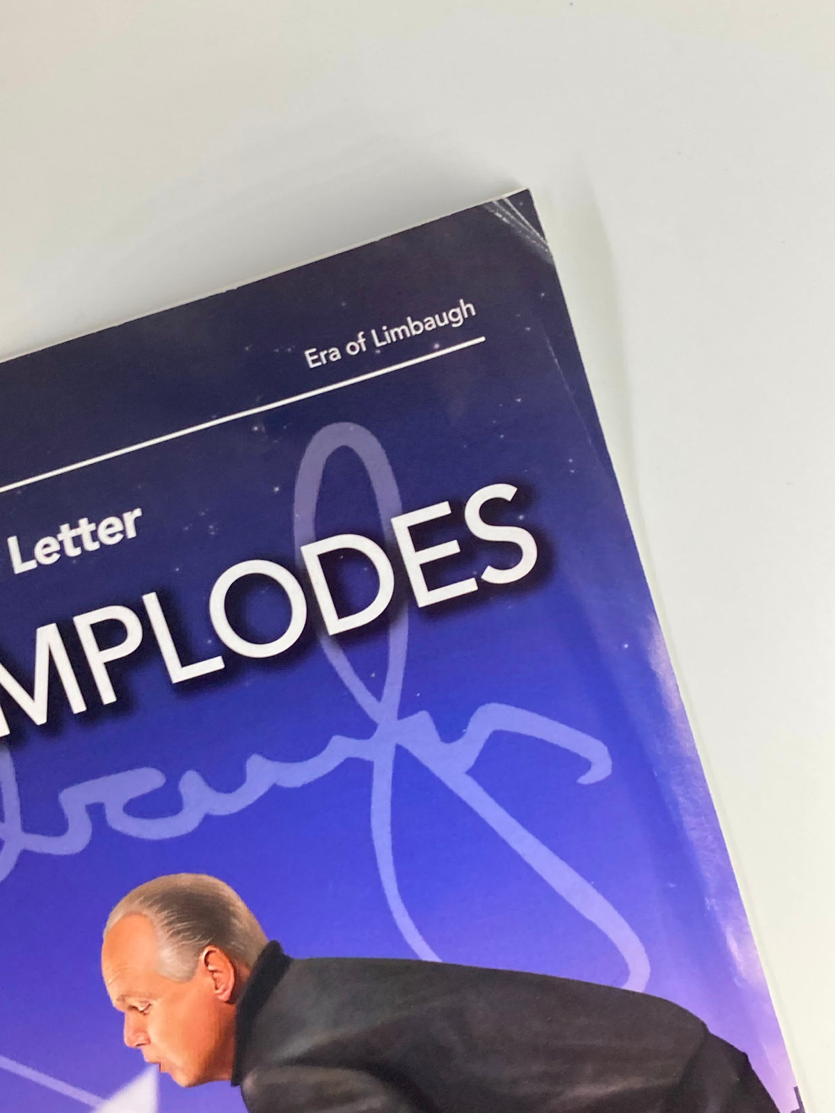 Close-up of the top corner of the Rush Limbaugh Letter Newsletter Magazine December 2017, showcasing the title 'The Left Implodes' and the signature of Rush Limbaugh.