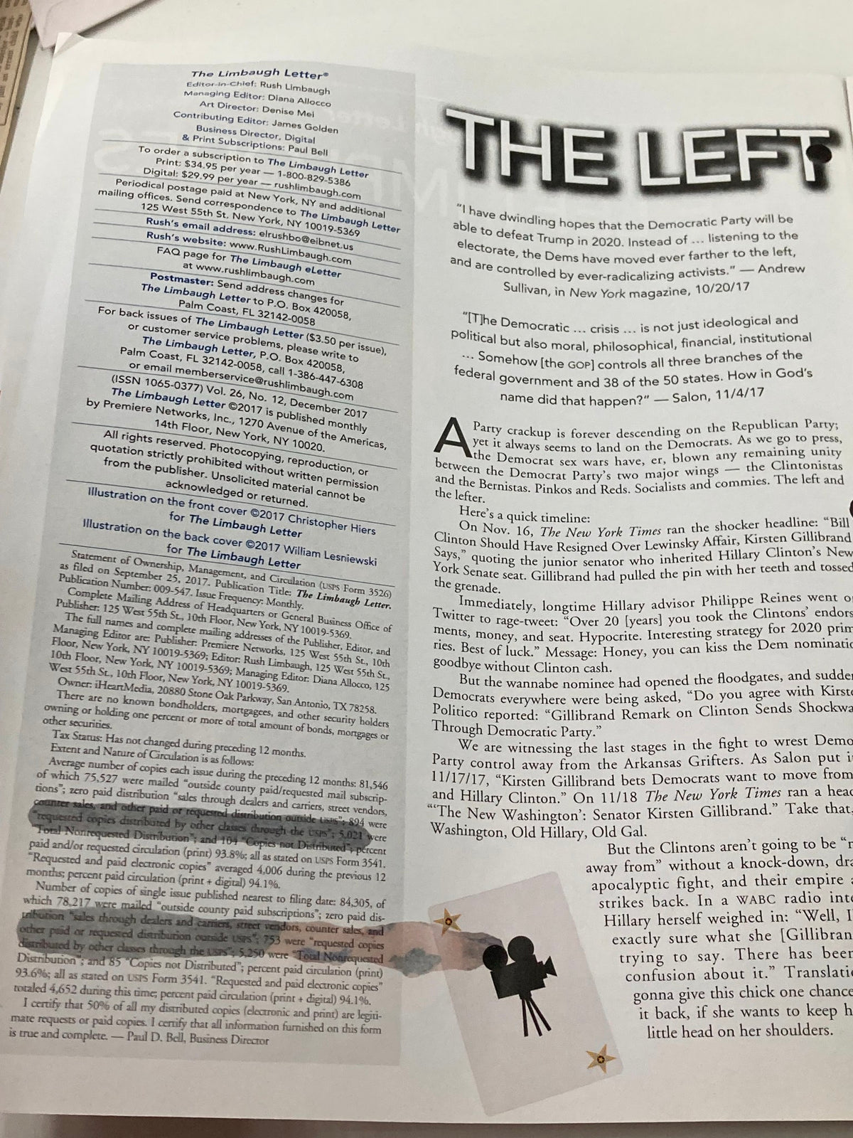 Page from the Rush Limbaugh Letter Newsletter Magazine December 2017 detailing political commentary, illustrating themes of the Democratic Party and political strategy.