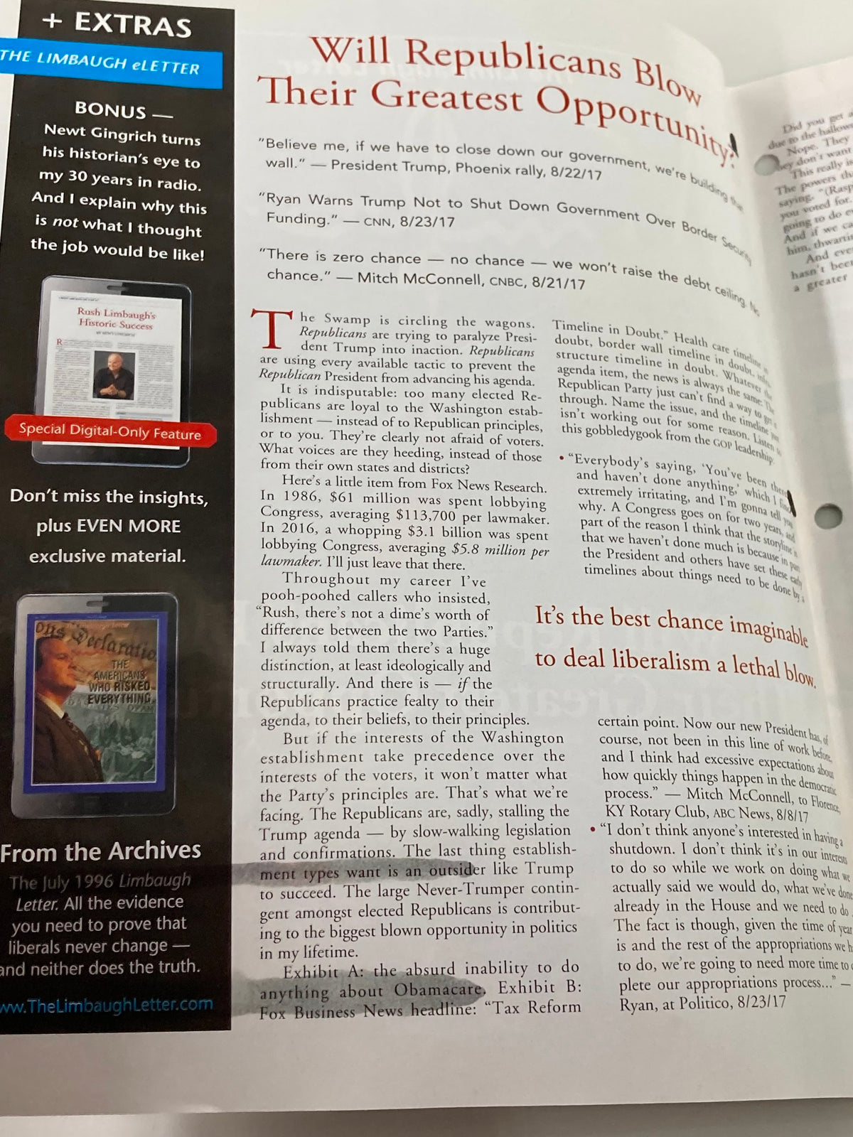 Rush Limbaugh Letter Newsletter Magazine September 2017 featuring an article discussing Republicans and their political strategies.