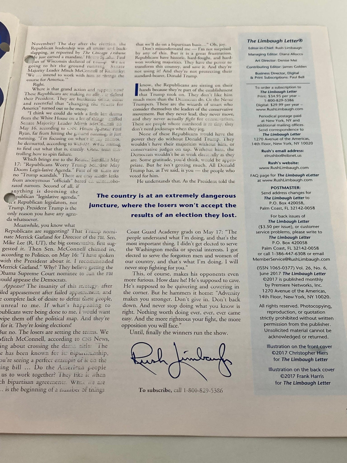 Another inside page of the Rush Limbaugh Letter Newsletter Magazine June 2017 featuring an article on political discourse, including a signature from Rush Limbaugh.