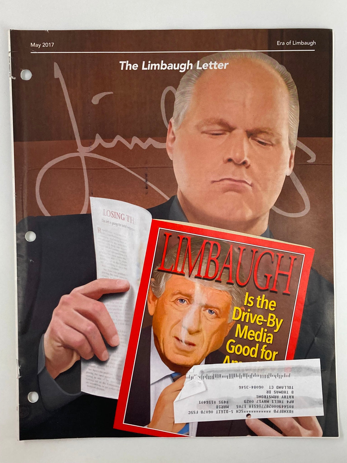 Cover of the Rush Limbaugh Letter Newsletter Magazine - May 2017, featuring Rush Limbaugh's image and the question: Is the Drive-By Media Good for America?