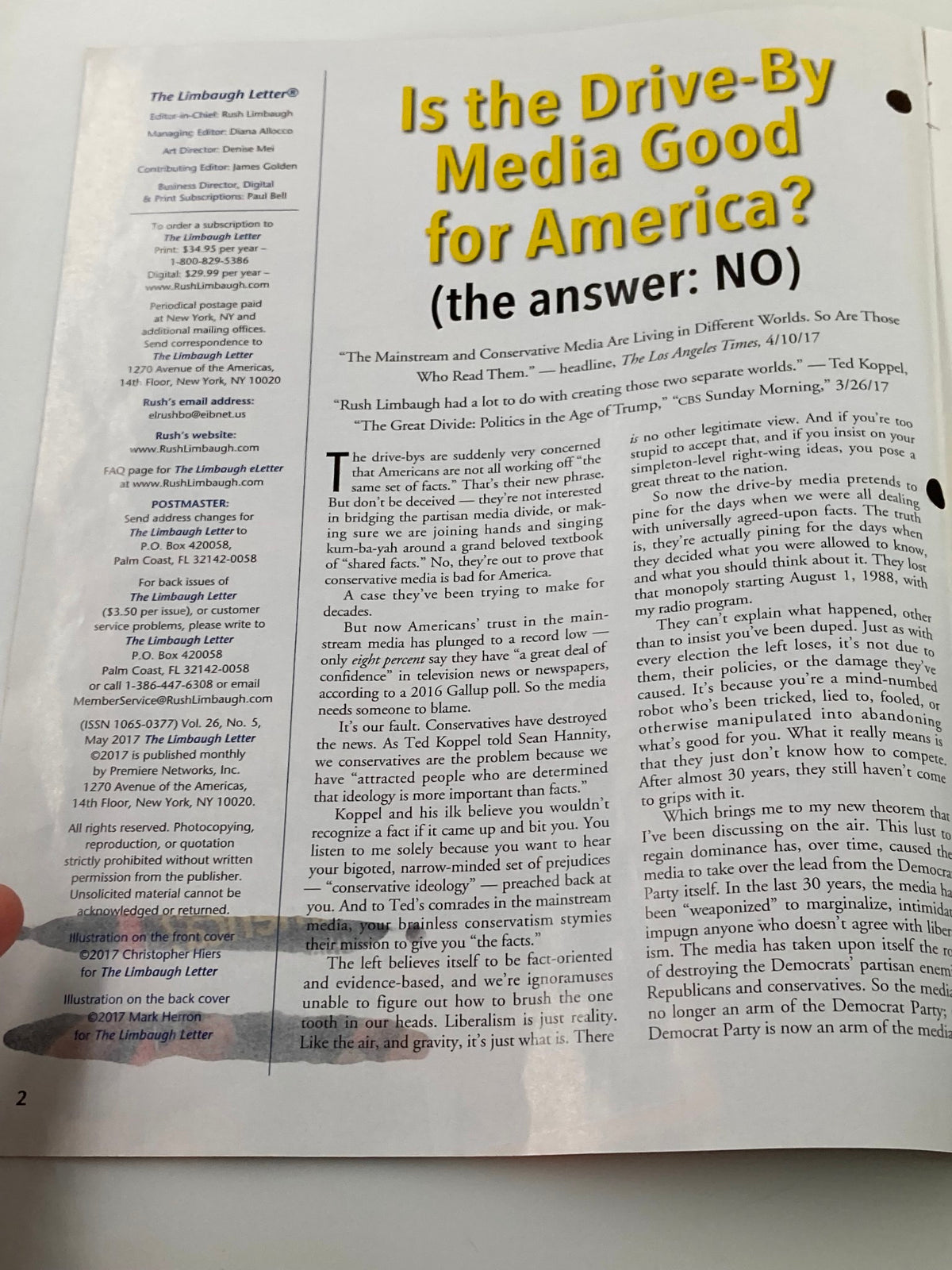Interior page of the Rush Limbaugh Letter Newsletter Magazine - May 2017 discussing if the Drive-By Media is good for America, with commentary from notable figures.
