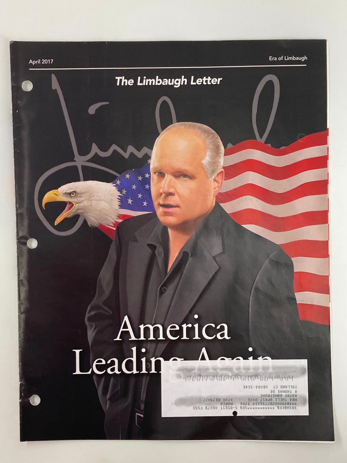 Cover of the Rush Limbaugh Letter Newsletter Magazine, April 2017, featuring the title 'America Leading Again' with a prominent image of Rush Limbaugh and a background of the American flag and eagle.