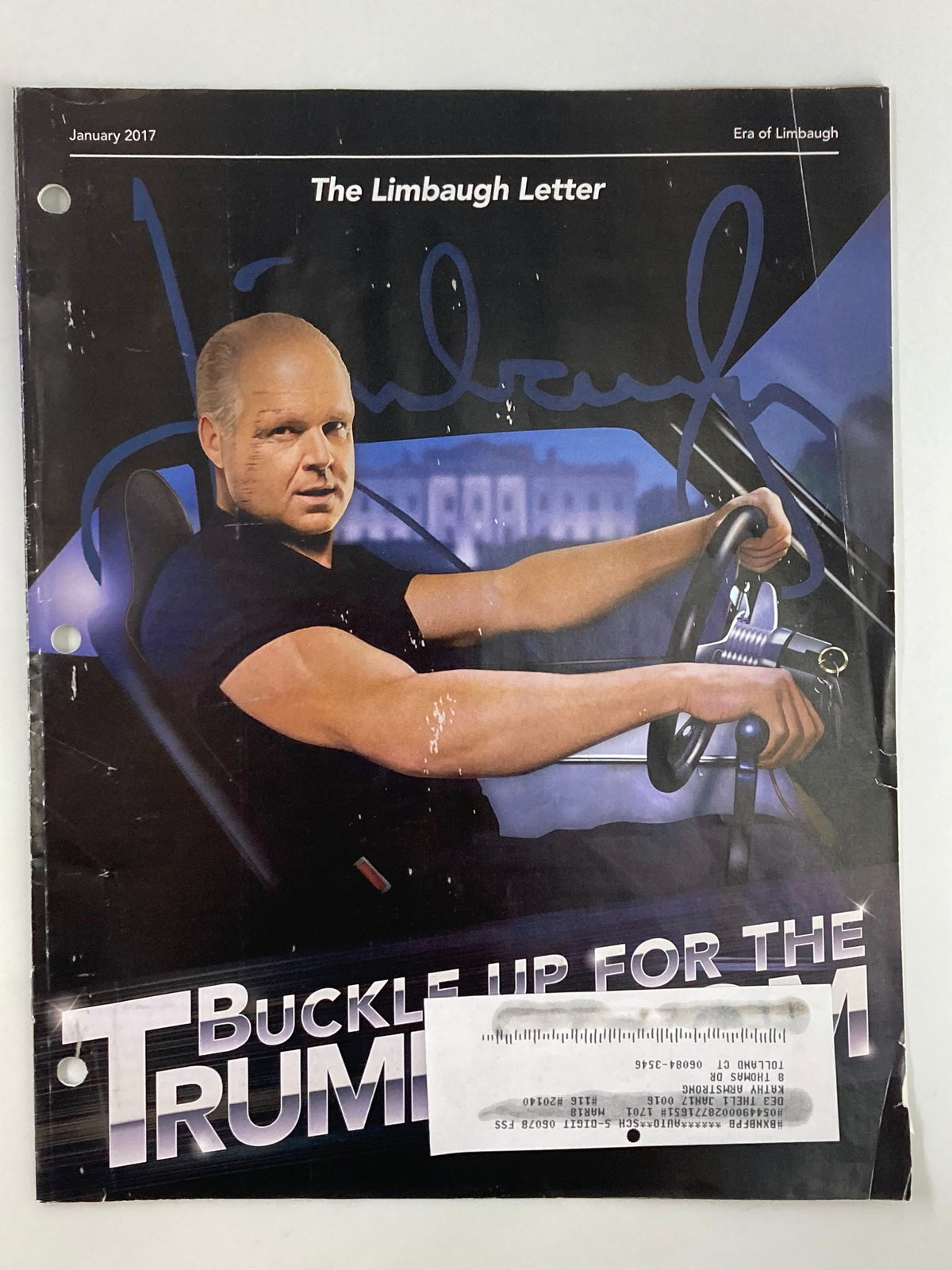 Cover of the Rush Limbaugh Letter Newsletter Magazine from January 2017 titled 'The Donald Trump Boom,' featuring a stylized image of Rush Limbaugh in a car, highlighting the political climate of the time.