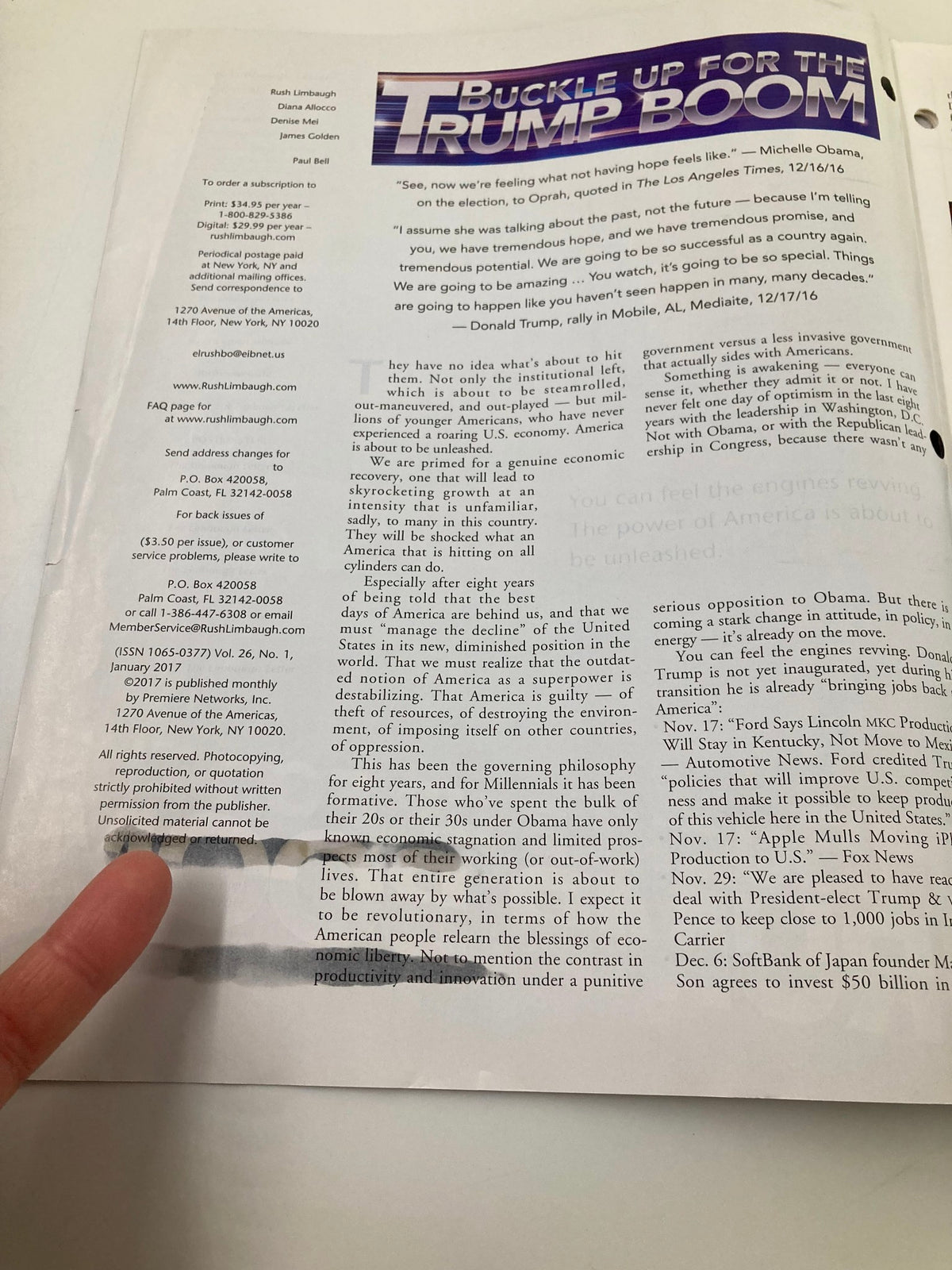 Inside page of the Rush Limbaugh Letter Newsletter Magazine from January 2017, featuring content related to the Trump presidency and political commentary.