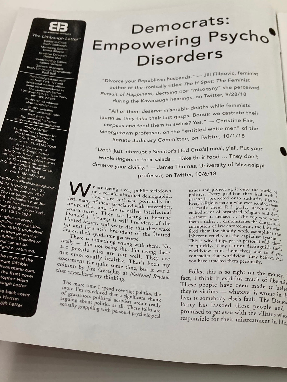 Interior page of the Rush Limbaugh Letter Newsletter Magazine November 2018 discussing 'Democrats: Empowering Psycho Disorders' with commentary on political discourse.