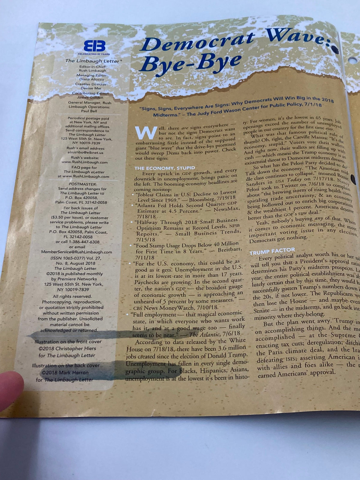 Inside page of Rush Limbaugh Letter Newsletter Magazine August 2018 titled 'Democrat Wave Bye Bye', discussing key political themes and economic factors influencing the 2018 elections.