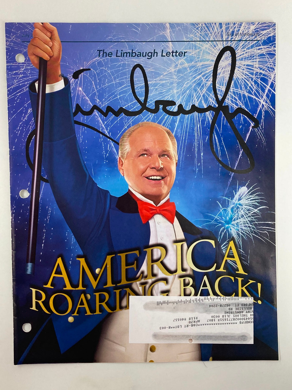 Cover of Rush Limbaugh Letter Newsletter Magazine July 2018 titled 'America Roaring Back', featuring a smiling Rush Limbaugh dressed in a tuxedo against a background of fireworks, illustrating the themes of American resurgence and political commentary.