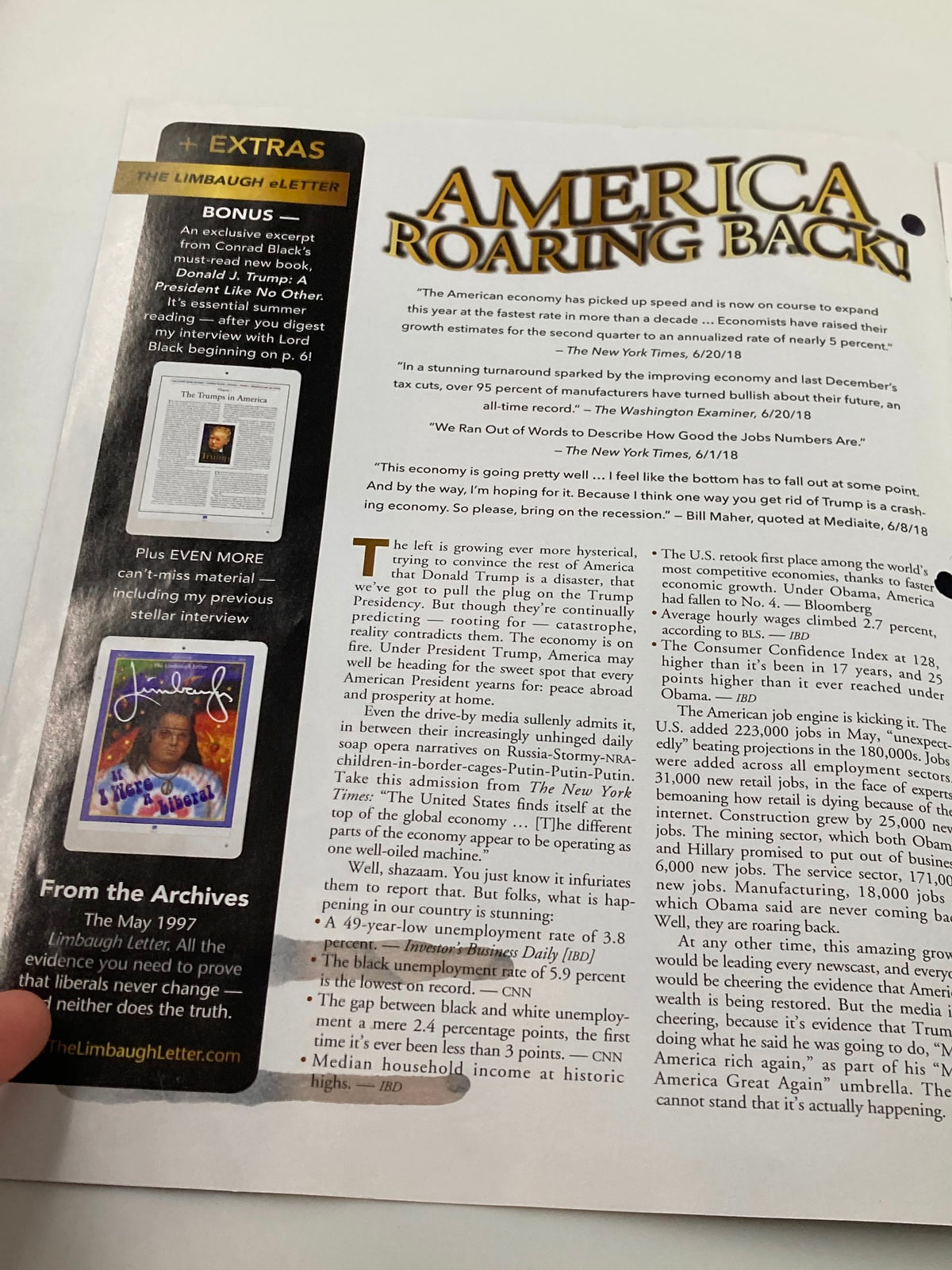Rush Limbaugh Letter Newsletter Magazine July 2018 - America Roaring Back, showing a two-page spread with headlines and a table of contents highlighting key topics and features.