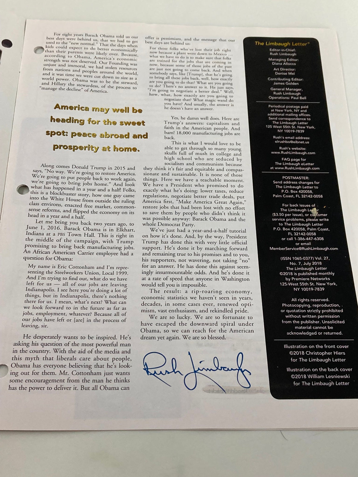 Rush Limbaugh Letter Newsletter Magazine July 2018 - America Roaring Back, featuring a signed article by Rush Limbaugh discussing political insights and American prosperity.