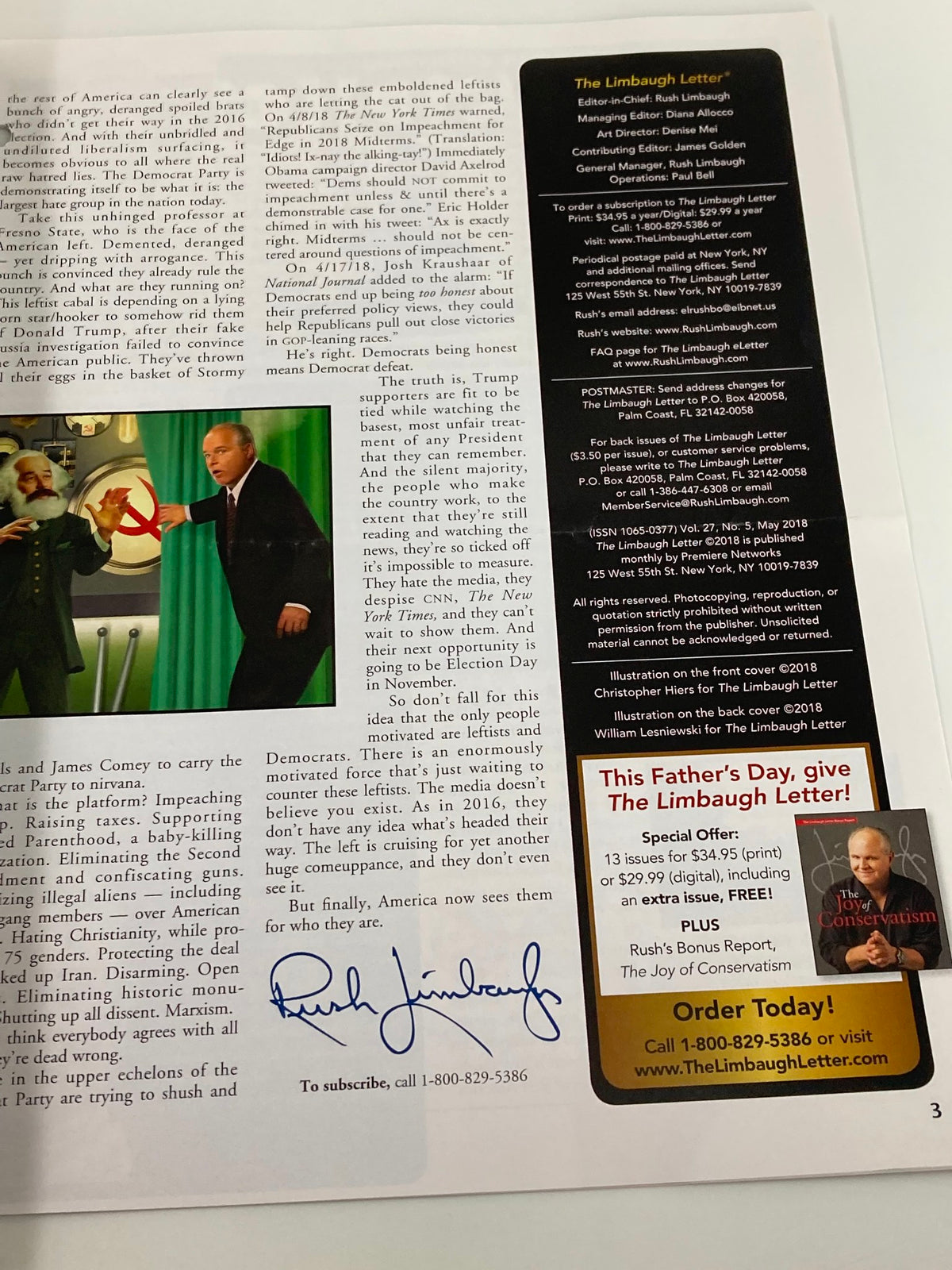 Another page from the Rush Limbaugh Letter Newsletter Magazine May 2018 showcasing signature and subscription information, presenting the magazine's connection to political discourse.