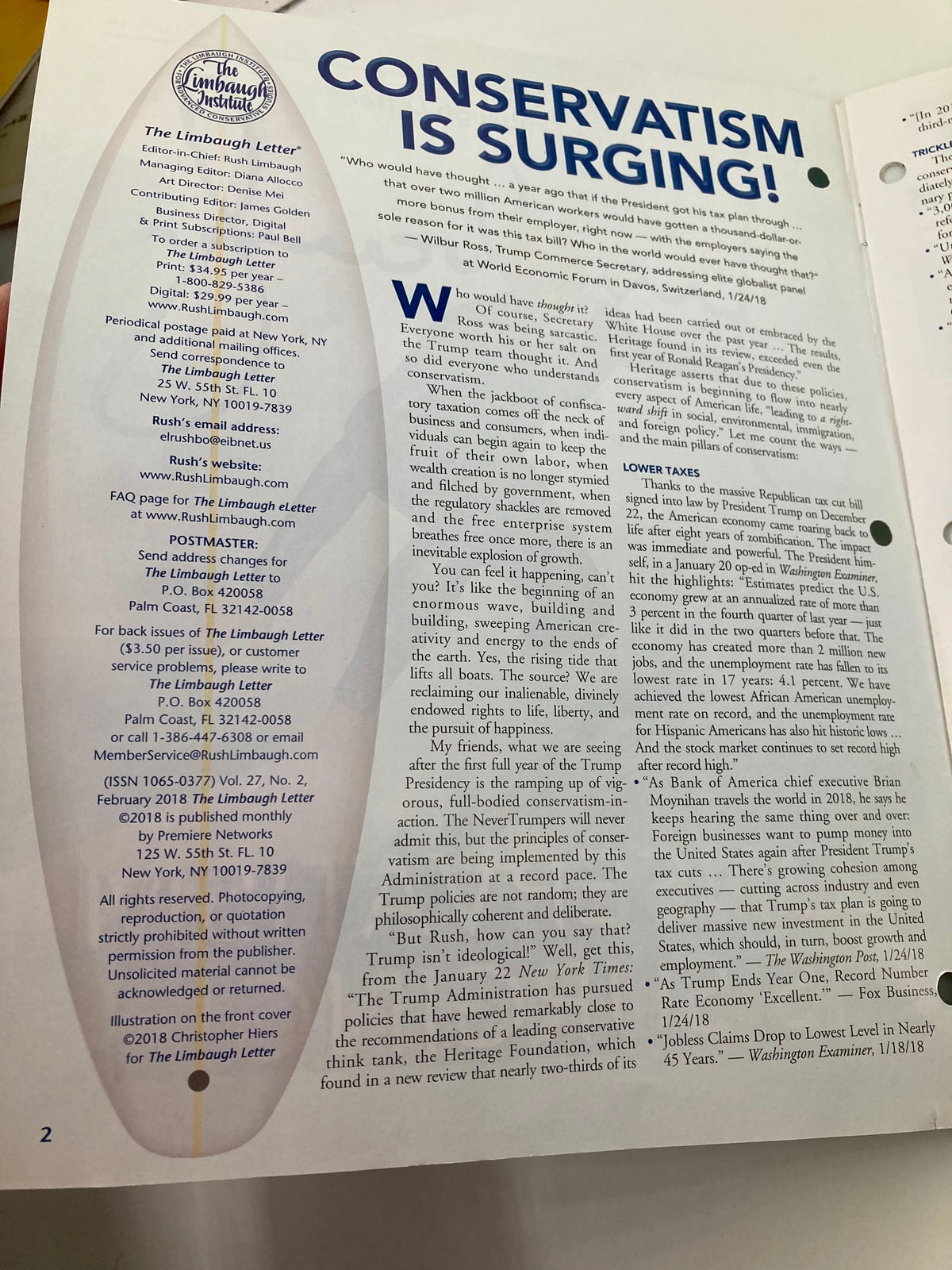 Rush Limbaugh Letter Newsletter February 2018 cover featuring the headline 'Conservatism is Surging.' This vintage magazine captures pivotal political discussions and insights from Rush Limbaugh.
