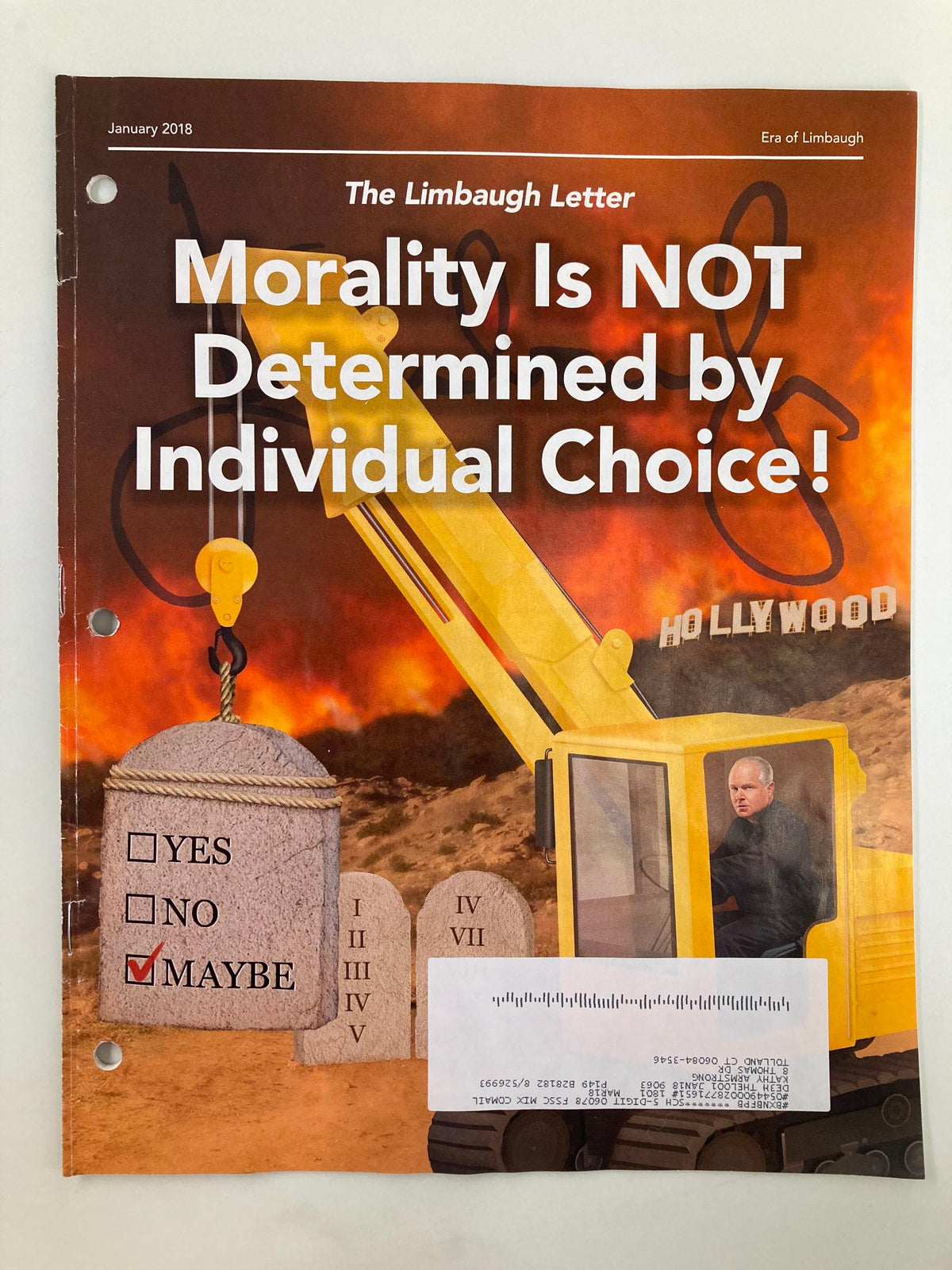 Cover of the Rush Limbaugh Letter Newsletter Magazine January 2018 titled 'Morality Not Determined by Individual Choice', featuring a construction theme with choices marked on a gravestone.