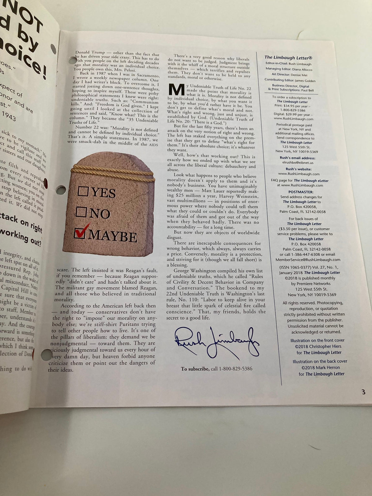 Inside page of the Rush Limbaugh Letter Newsletter Magazine January 2018 with signature and discussion on the impact of political ideologies on morality.