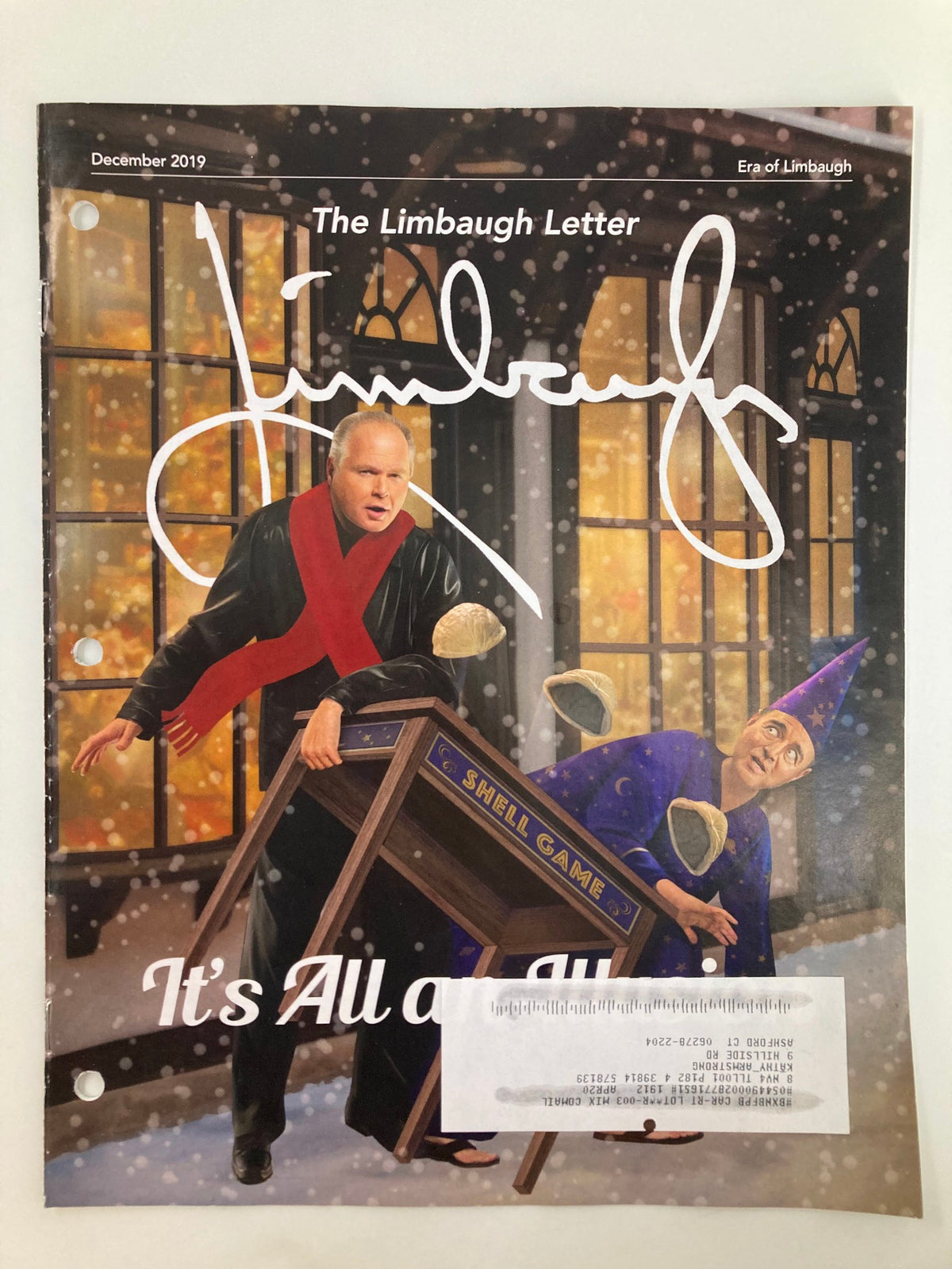 Cover of the Rush Limbaugh Letter Newsletter Magazine December 2019 titled 'It's All an Illusion', featuring a colorful illustration of Rush Limbaugh and a character in a wizard hat.