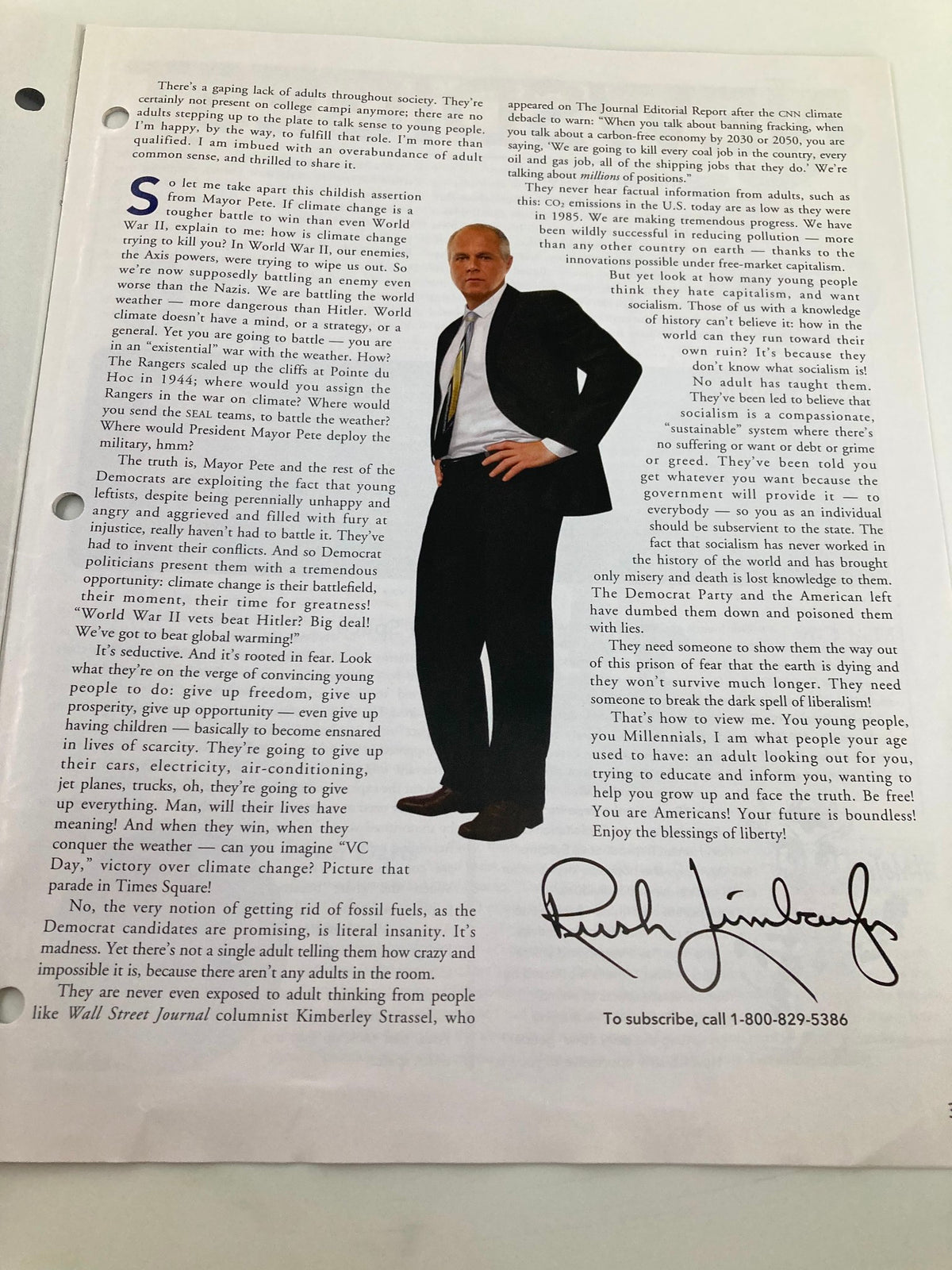 Page from the Rush Limbaugh Letter Newsletter Magazine October 2019 titled 'I Am America's Adult,' showcasing Rush Limbaugh in a professional pose, discussing challenges society faces today.