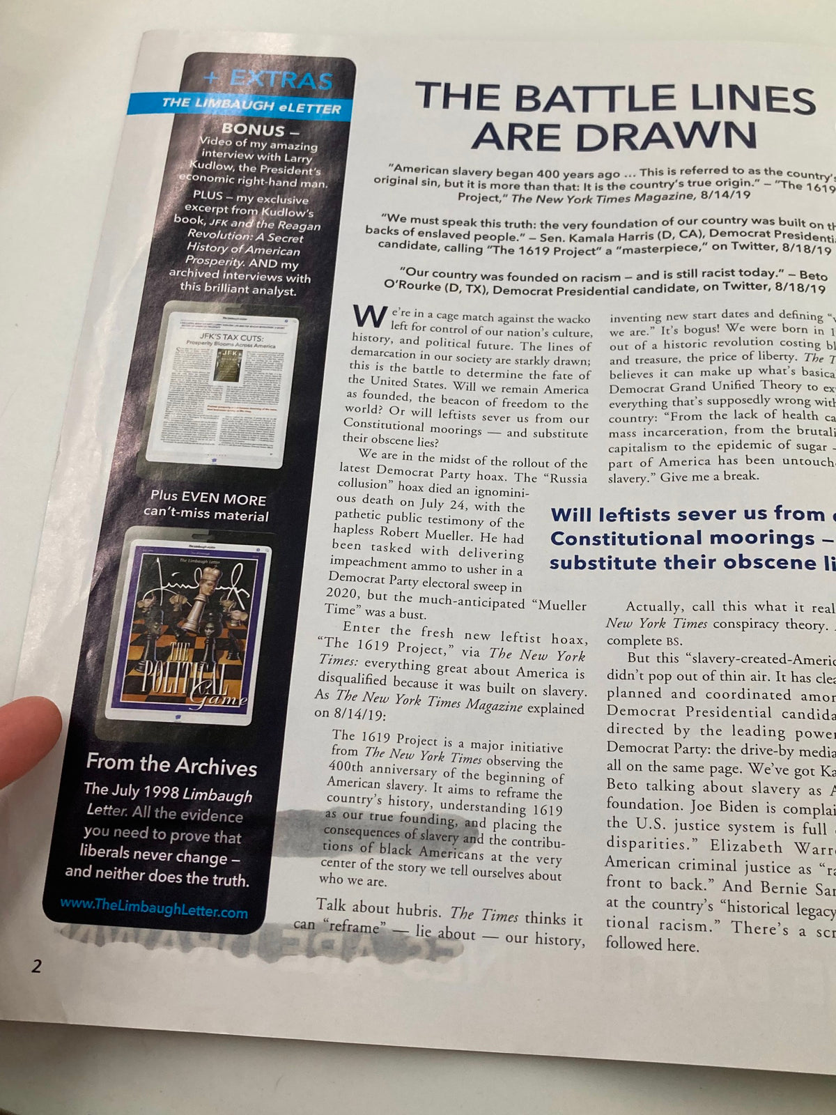 Inside page of the Rush Limbaugh Letter Newsletter Magazine September 2019, showing an article titled 'THE BATTLE LINES ARE DRAWN' with political commentary and archival content.