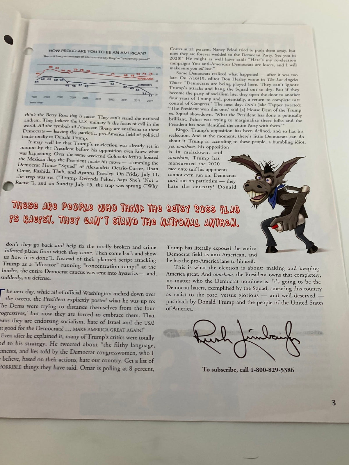 Another interior page of the Rush Limbaugh Letters Newsletter Magazine from August 2019, titled 'The Biggest Hate Group', showcasing data graphs and political illustrations alongside commentary on American values and political figures.