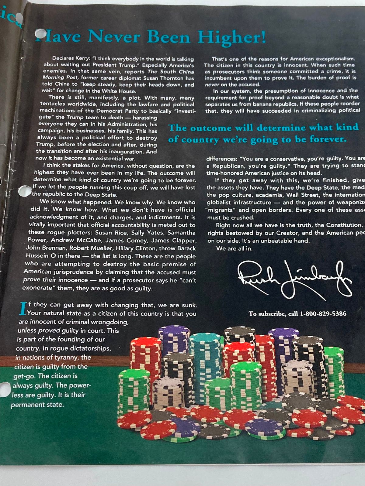 An excerpt from the July 2019 issue of the Rush Limbaugh Letters Newsletter Magazine titled 'The Stakes for America,' featuring a commentary on American exceptionalism and political discourse, with text and a signature by Rush Limbaugh.