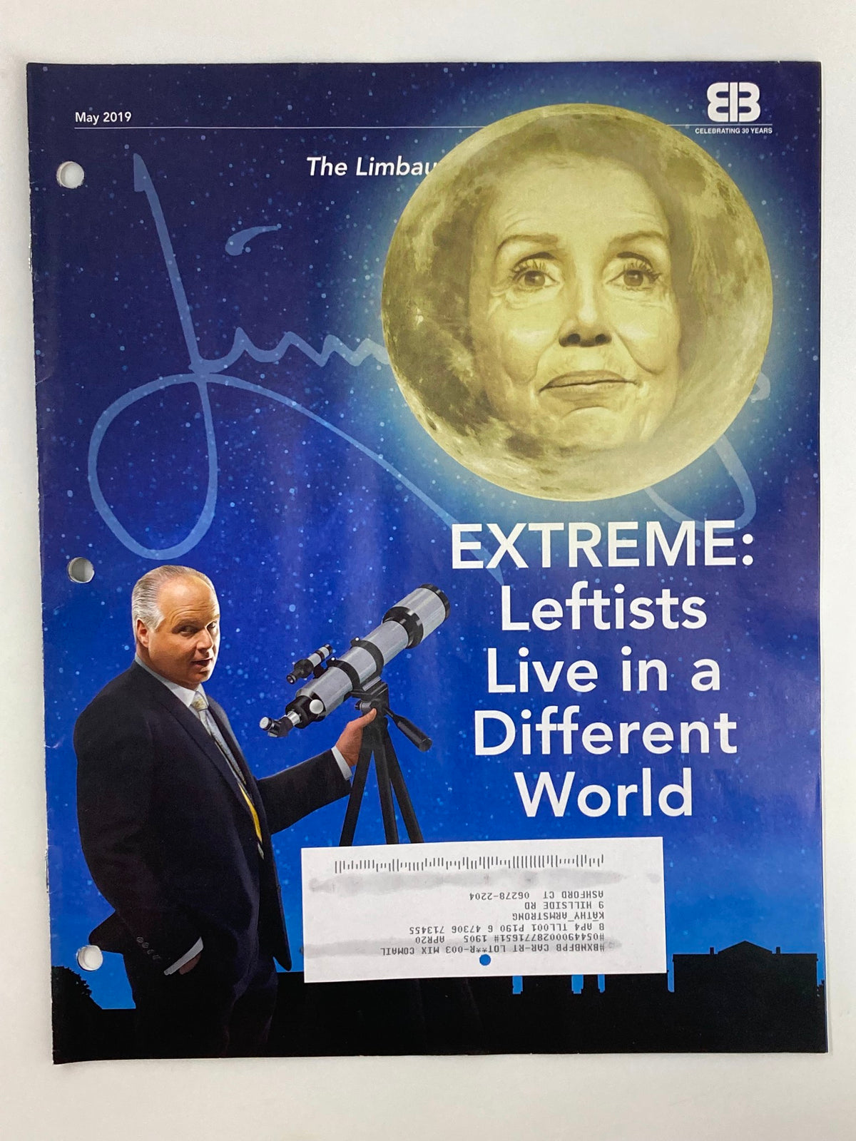 Rush Limbaugh Letter Newsletter Magazine May 2019 cover featuring the title 'EXTREME: Leftists Live in a Different World' with an illustration of Rush Limbaugh and a full moon.