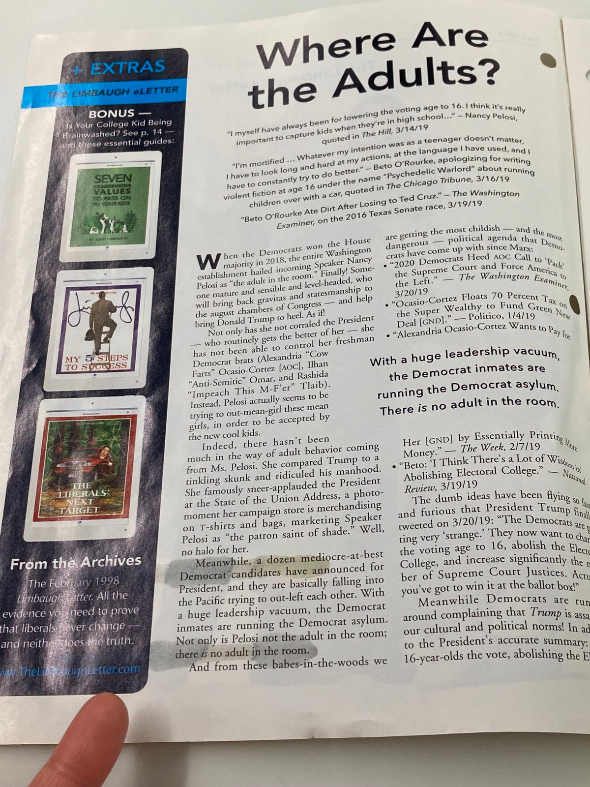 Interior page of the Rush Limbaugh Letter magazine from April 2019 titled 'Where Are the Adults?', showcasing discussions and commentary relevant to the political climate.