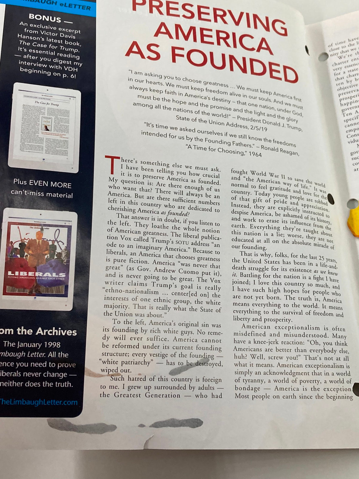Interior page from the March 2019 Rush Limbaugh Letter Newsletter Magazine, featuring an article titled 'Preserving America As Founded' and highlighting significant political commentary.