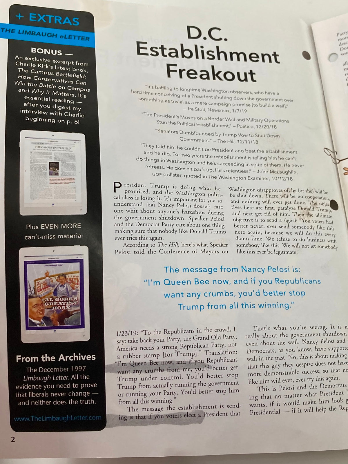 Inside page of the Rush Limbaugh Letter Newsletter Magazine February 2019 highlighting the article 'D.C. Establishment Freakout' with various political commentary and insights.