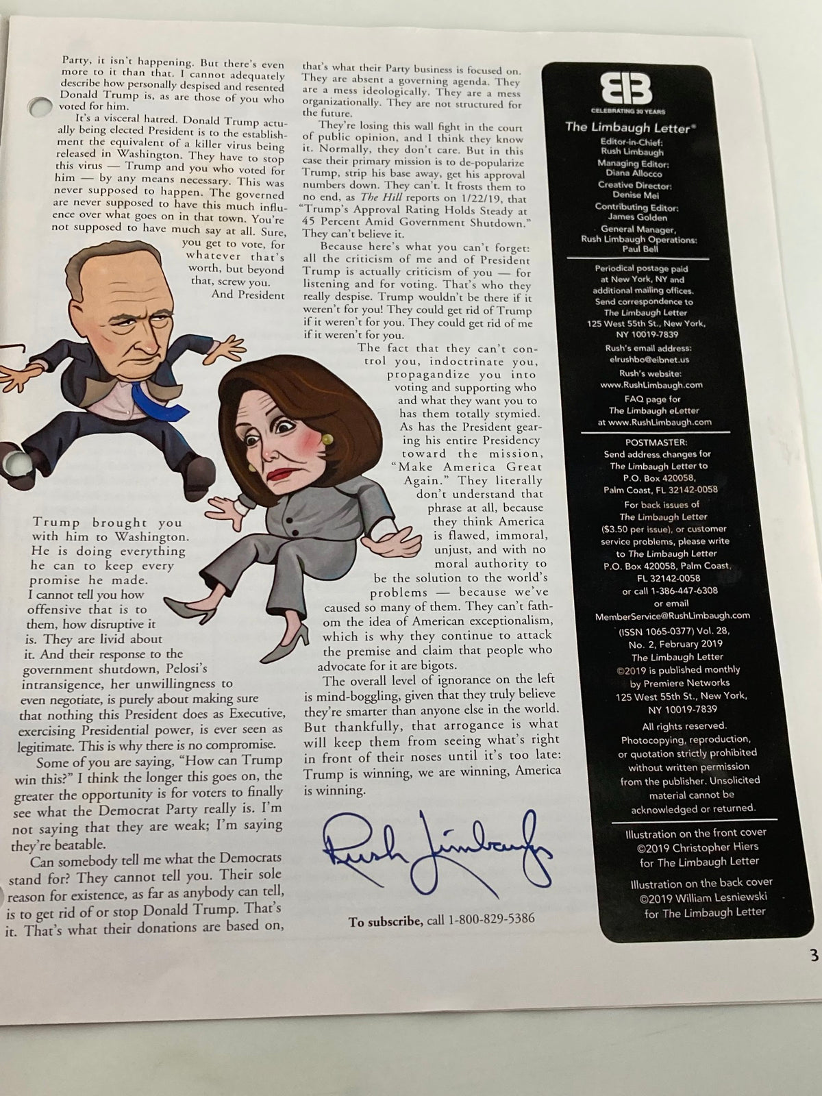 Another inside page of the Rush Limbaugh Letter Newsletter Magazine February 2019 featuring more political illustrations and commentary related to the 'D.C. Establishment Freakout' article.