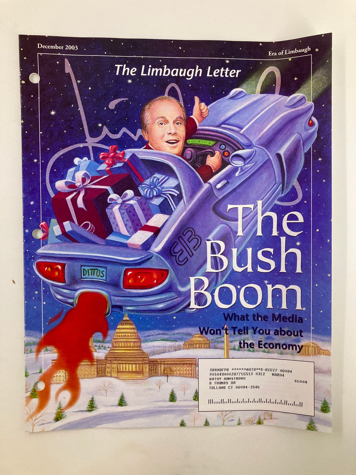 Cover of the Rush Limbaugh Letter Newsletter Magazine from December 2003 titled 'The Bush Boom,' featuring a cartoonish illustration of Rush Limbaugh in a car, surrounded by festive elements.