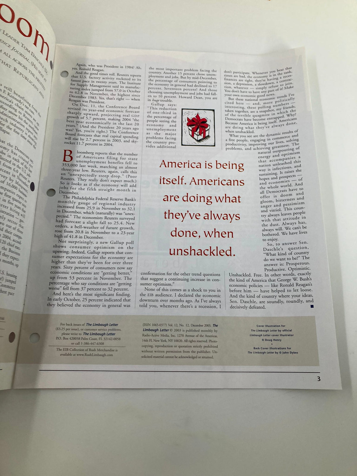 Another interior page of the Rush Limbaugh Letter Newsletter Magazine from December 2003, continuing the article 'The Bush Boom' with commentary on American economic behavior.