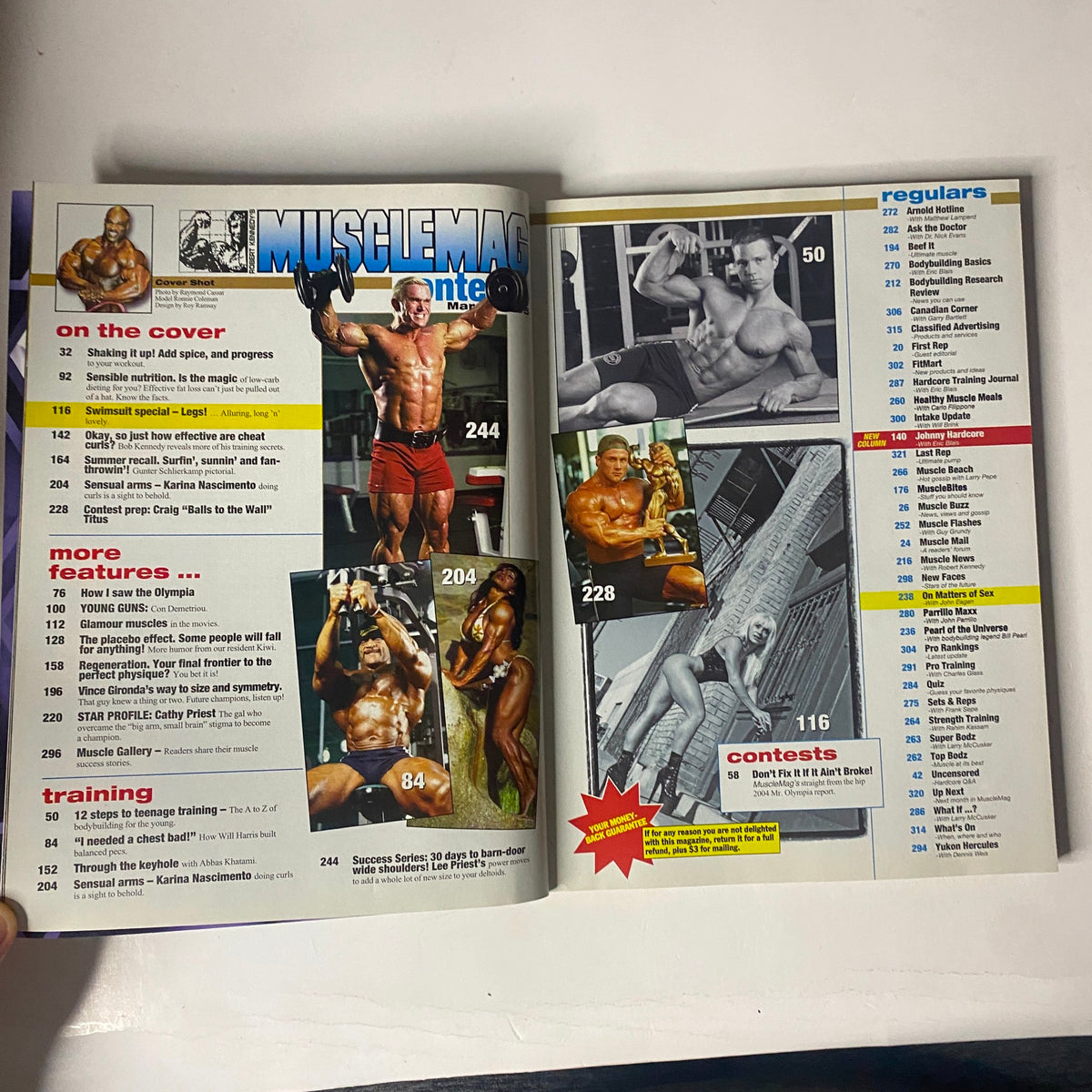 Interior pages of MuscleMag International Magazine March 2005 No. 273 showcasing articles on bodybuilding, training advice, and contest preparations. This issue highlights key features and regular columns relevant to the bodybuilding community.