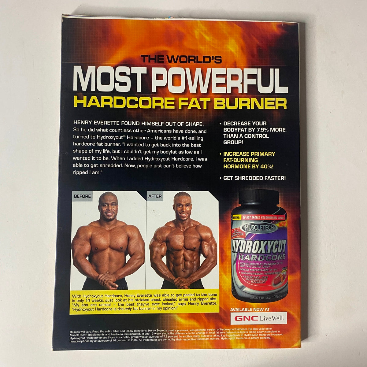 Back cover of MuscleMag International Magazine October 2007 advertising Hydroxycut as a powerful fat burner, promoting weight loss and fitness.