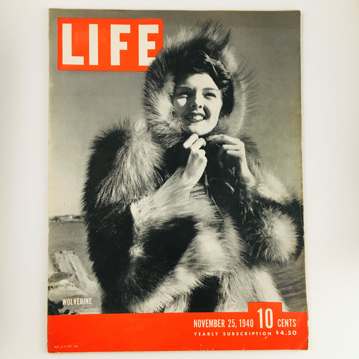 Cover of VTG Life Magazine from November 25, 1940, featuring a lady wearing a luxurious wolverine fur coat.