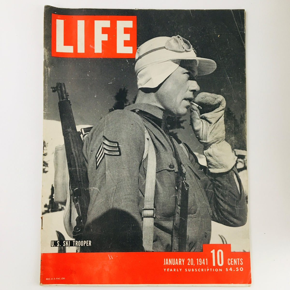 VTG Life Magazine January 20 1941 featuring a U.S. Ski Trooper taking a break, showcasing vintage cover art that highlights military life during World War II.