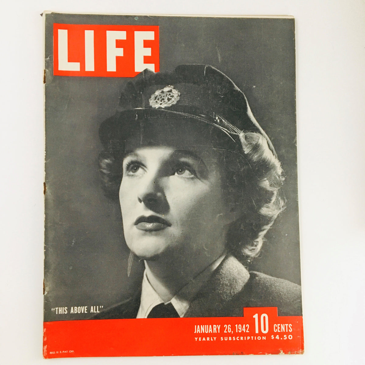 Cover of VTG Life Magazine January 26, 1942 featuring actress Joy Frankau in 'This Above All', showcasing her in a military-style hat.