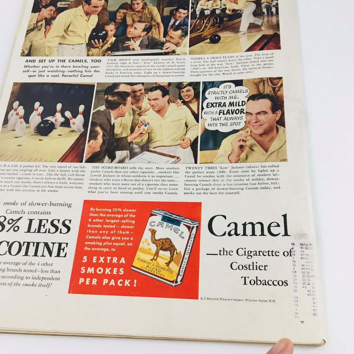 Inside page of VTG Life Magazine January 26, 1942 featuring a Camel cigarette advertisement with people bowling, illustrating life during the 1940s.