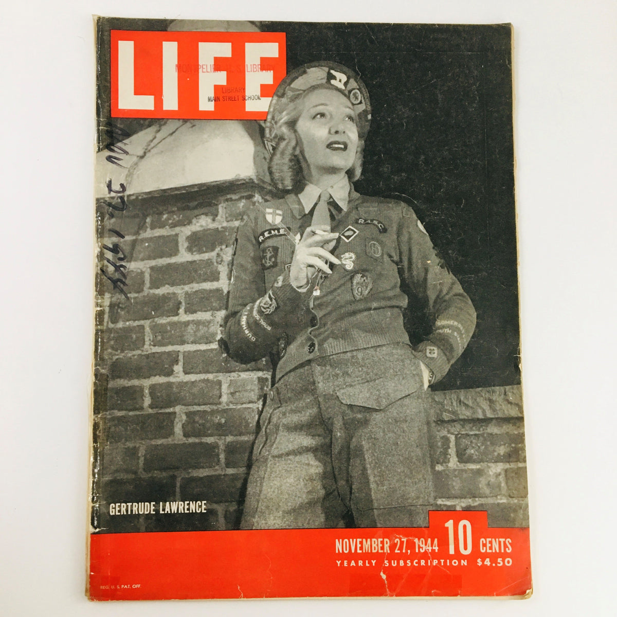 Cover of VTG Life Magazine from November 27, 1944 featuring English actress Gertrude Lawrence in a vintage editorial style.