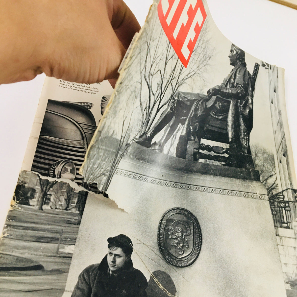 Close-up view of the VTG Life Magazine May 5 1941 cover showing John Harvard & Freshman photograph, highlighting the details of the magazine cover and visible wear.