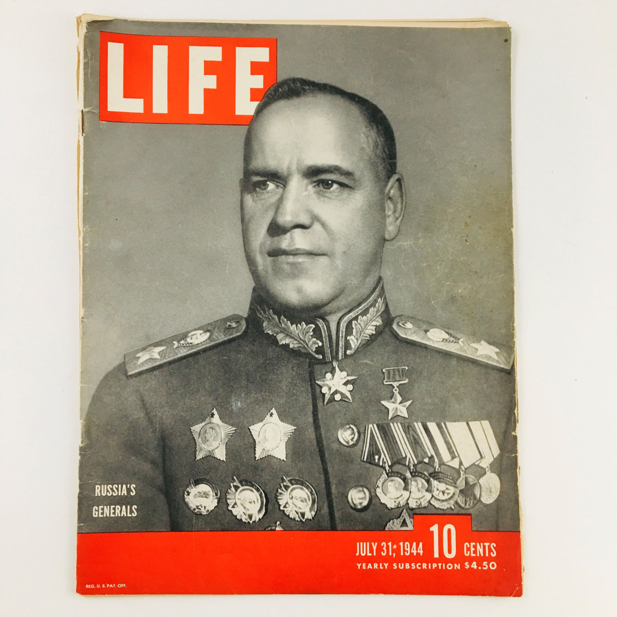 Cover of VTG Life Magazine from July 31, 1944, featuring a portrait of Russia's General Georgy Zhukov, showcasing his military decorations and the magazine's iconic red logo.