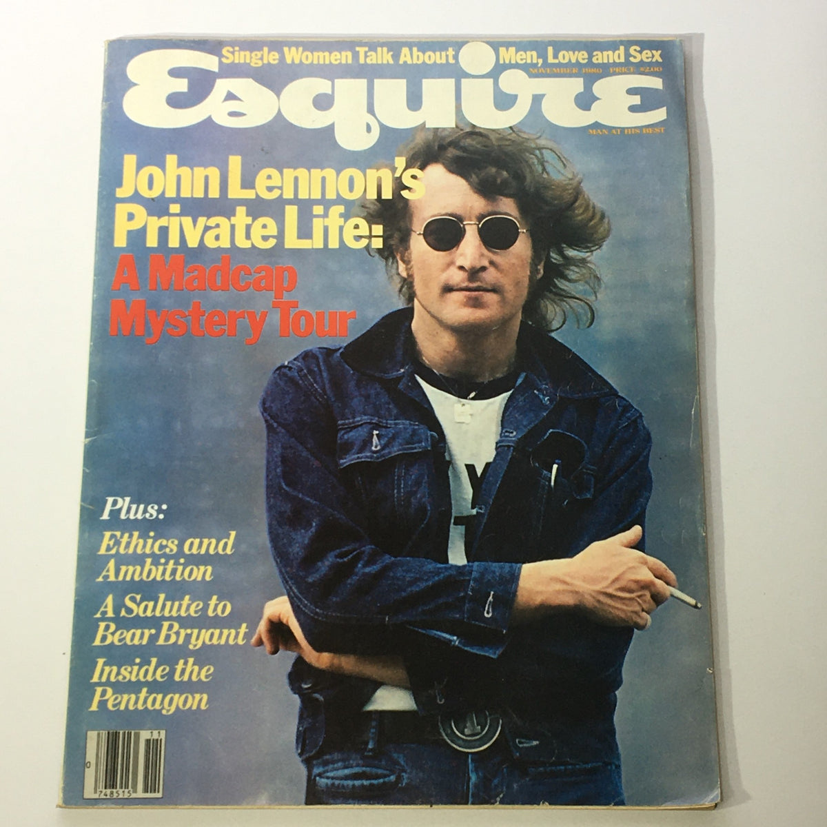 Cover of Esquire Magazine November 1980 featuring John Lennon's Private Life: A Madcap Mystery Tour, showcasing Lennon in a denim jacket and sunglasses.