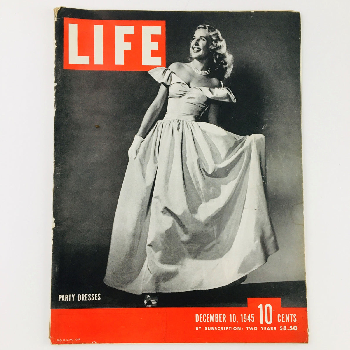 VTG Life Magazine December 10, 1945 cover featuring a model in a beautiful party dress showcasing 1940s fashion.