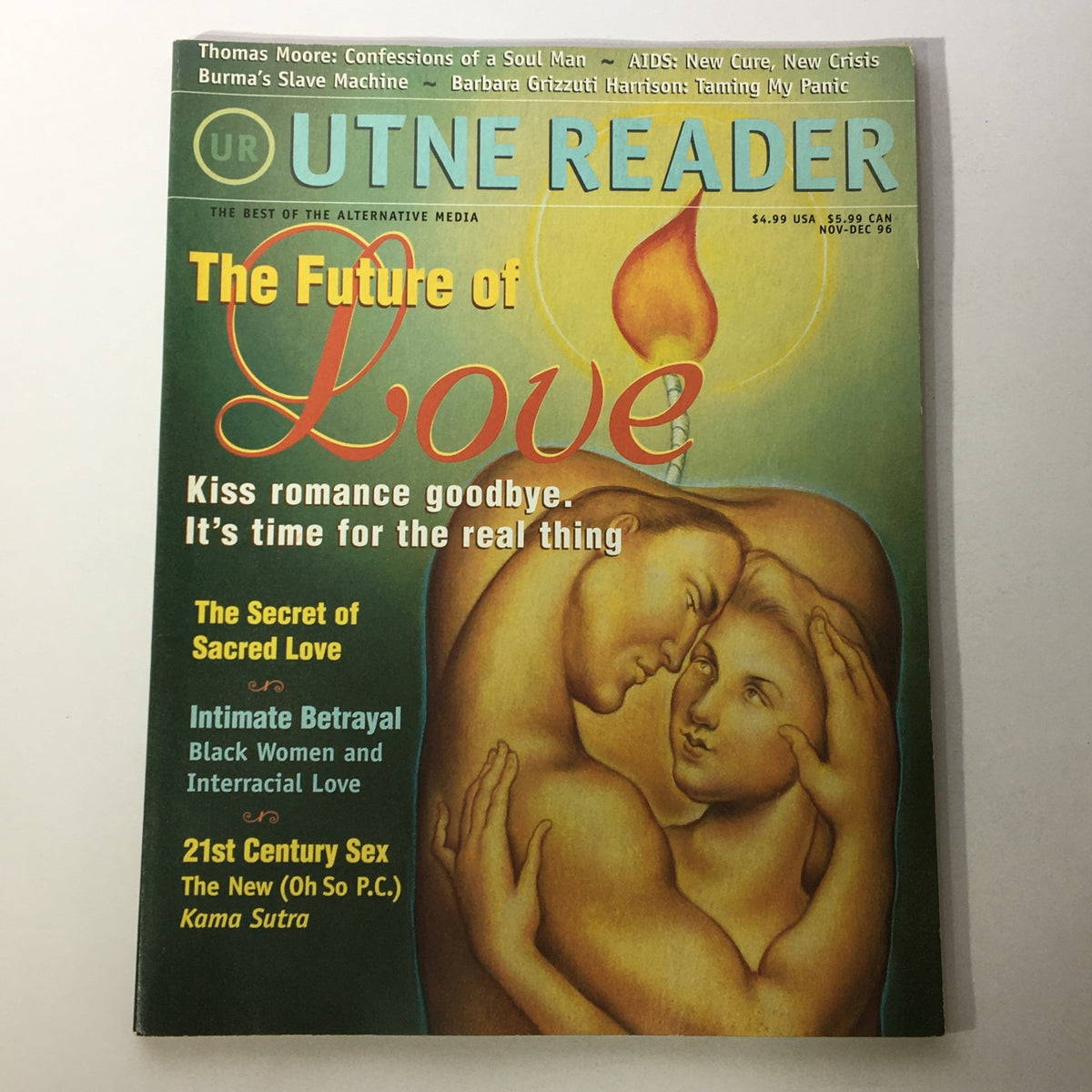 Cover of Utne Reader Magazine November December 1996 titled 'The Future of Love'. Features themes of intimacy, sacred love, and relationships, visually represented through an artistic illustration of a couple in an embrace.