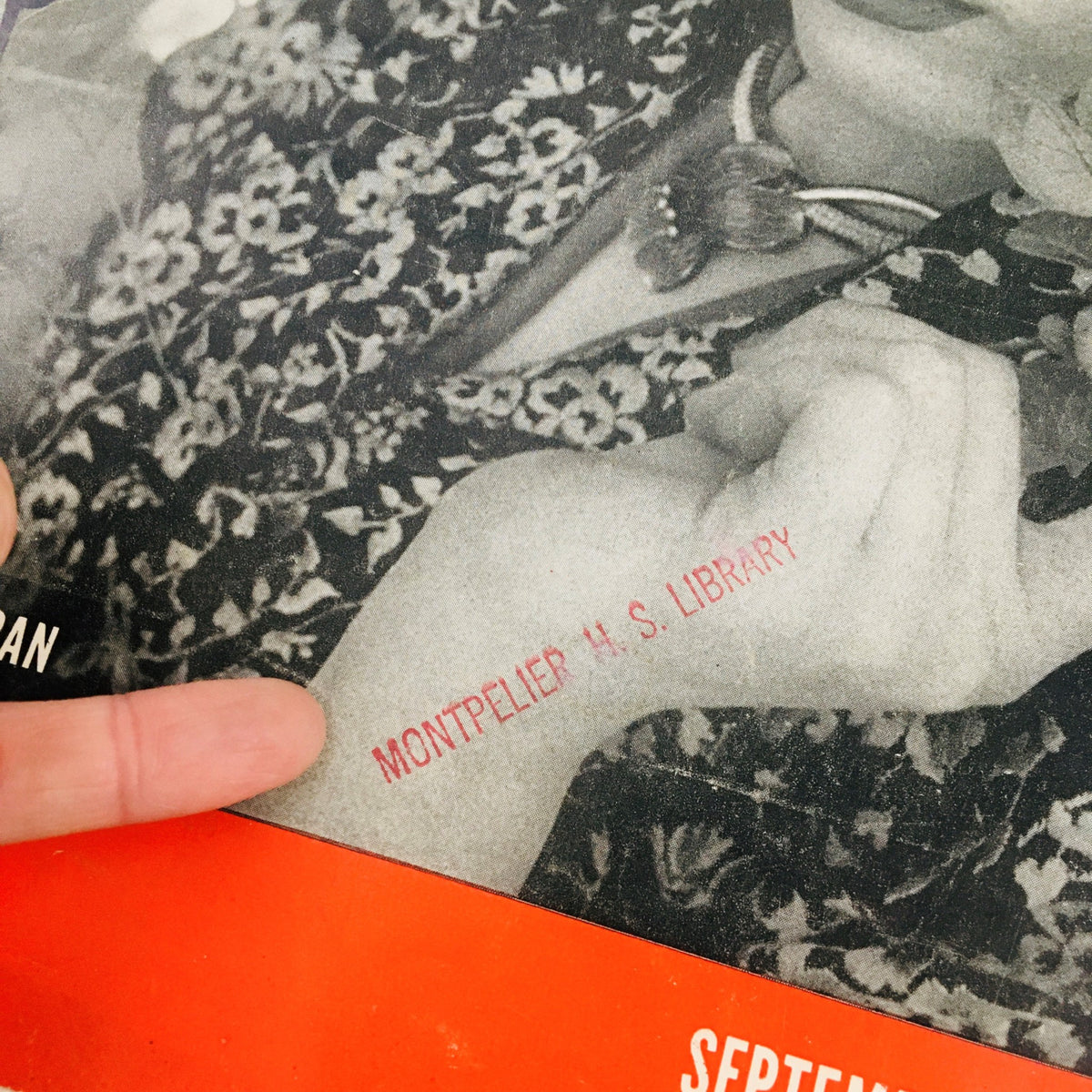 Close-up of the cover of VTG Life Magazine September 21 1942 featuring a library stamp marked 'MONTPELIER H. S. LIBRARY', associated with the story of Fawzia Fuad, The Queen of Iran.