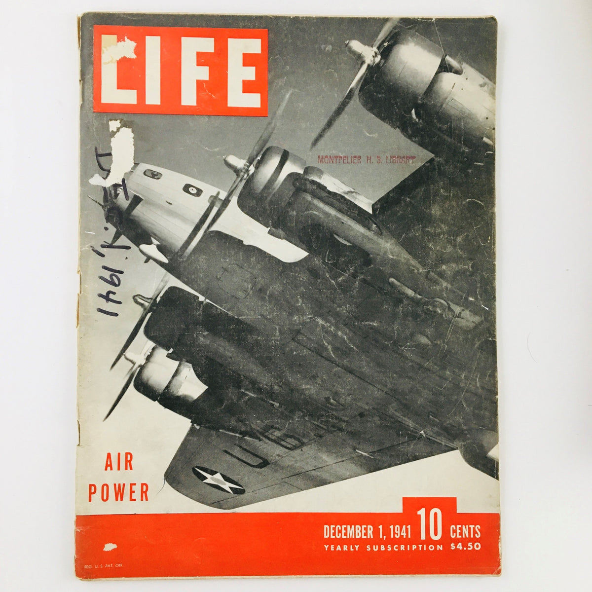 Cover of VTG Life Magazine from December 1, 1941 titled 'The Air Power in Photograph,' featuring an aircraft with visible signs of wear and a stamped mark.