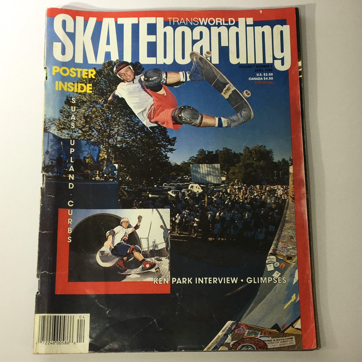 Transworld Skateboarding Magazine April 1989 Vol 7 #2 cover featuring a skateboarder performing a trick with vibrant graphics and 'Poster Inside' label.