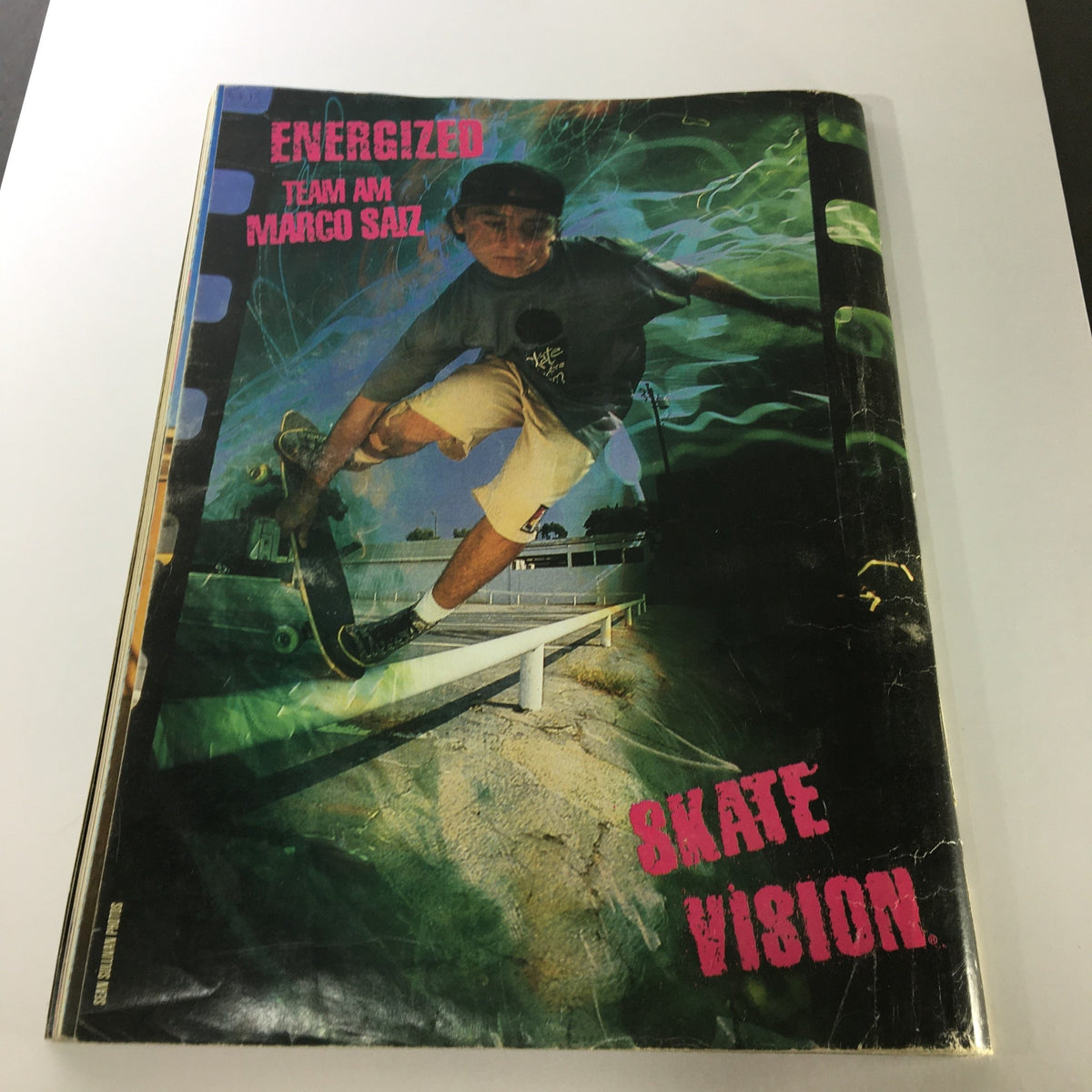 Back cover of Transworld Skateboarding Magazine April 1989 showcasing a dynamic skateboarding image and energetic colors with emphasis on 'Skate Vision'.