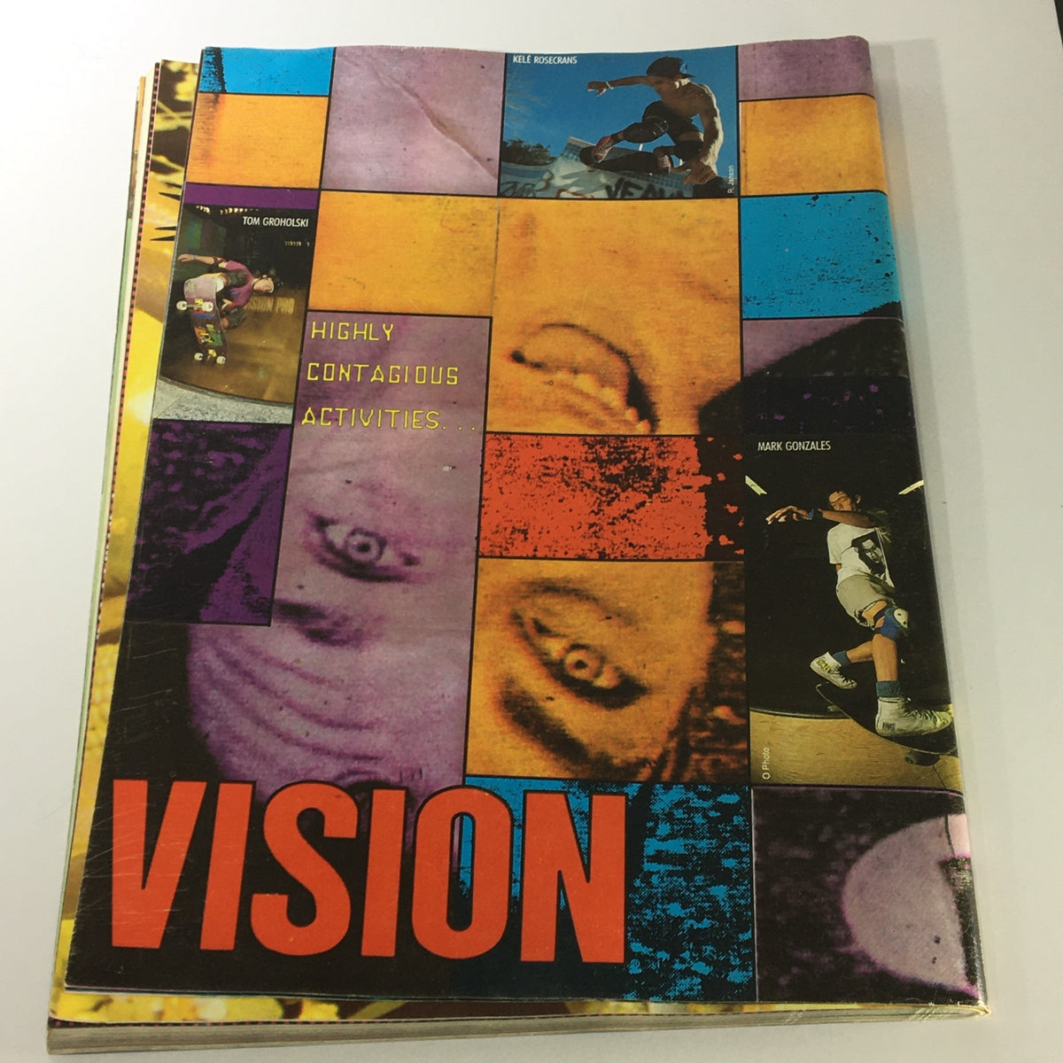Vision magazine cover, titled 'Highly Contagious Activities', highlighting the dynamic skateboarding scene with vibrant graphics and athletes in action.