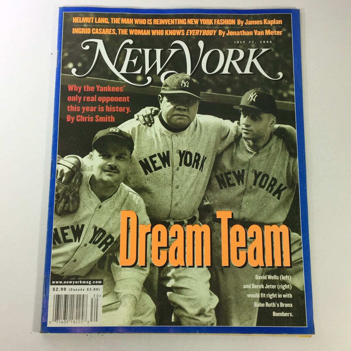 New York Magazine July 27 1998 featuring David Wells, Derek Jeter, and Babe Ruth's Bronx on the cover. The magazine showcases legendary Yankees players and highlights sports history during a transformative era for the New York Yankees.