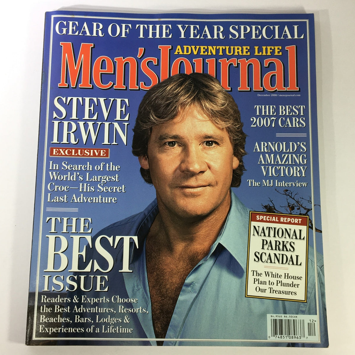 Men's Journal Magazine December 2006 featuring Steve Irwin on the cover, highlighting his exclusive adventure, 'In Search of the World's Largest Croc - His Secret Last Adventure.'
