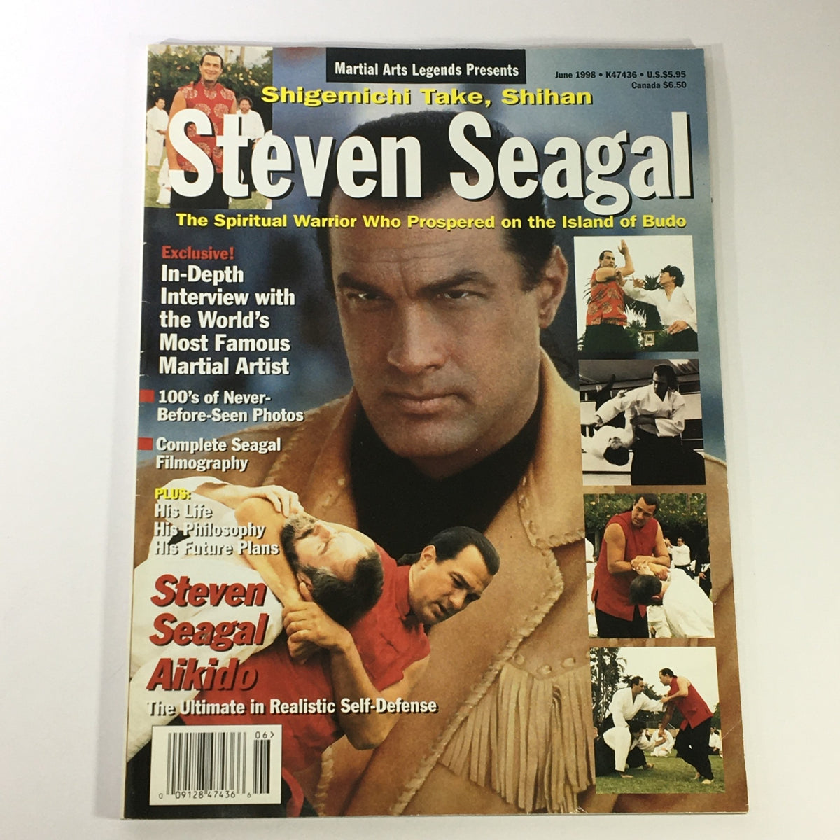 Cover of the June 1998 issue of 'Martial Arts Legends Presents Steven Seagal Aikido & Shigemichi Take' featuring Steven Seagal with an intense expression, showcasing Aikido techniques, along with various images depicting martial arts practices.
